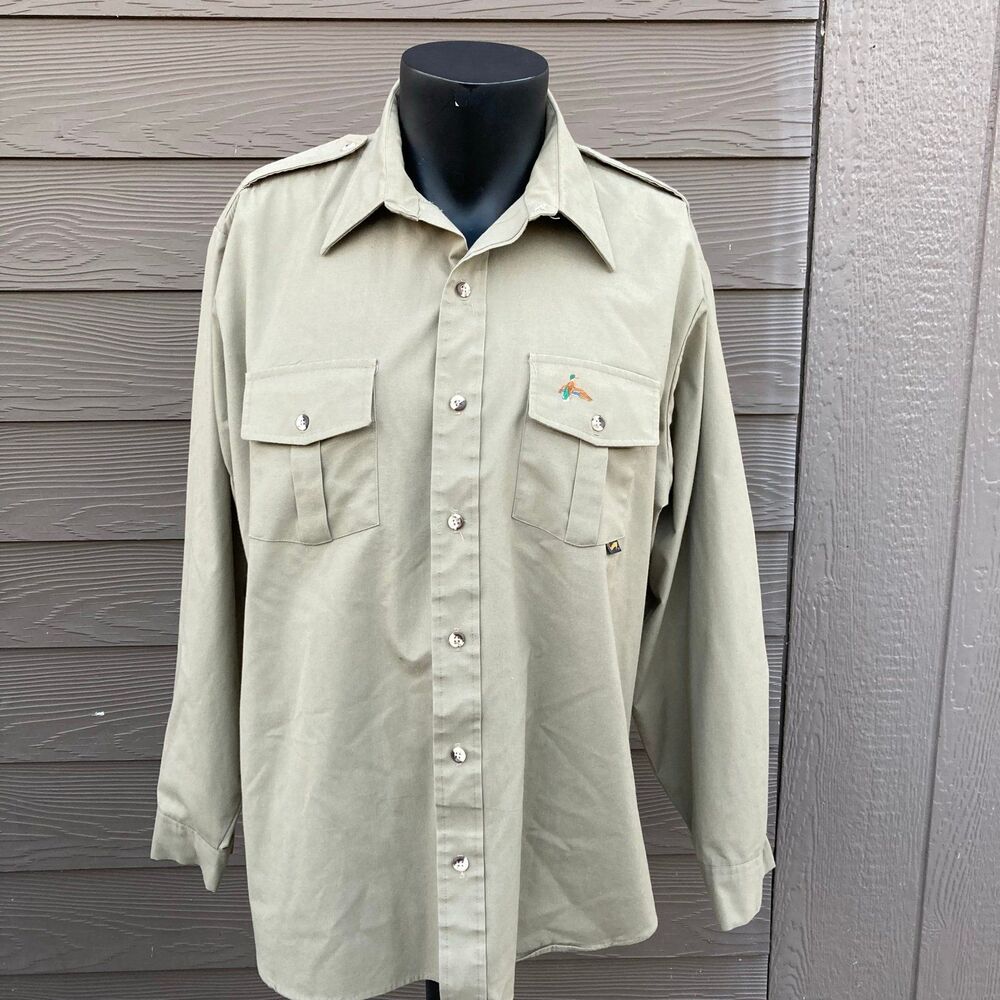 Duxbak Shirt Men's size XL Khaki Long Sleeve Button-Front VTG Hunting Fishing